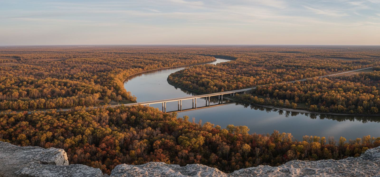 A wide river winding through flat wooded bottomland in autumn, crossed by a long low highway bridge on concrete piers, seen from a limestone bluff