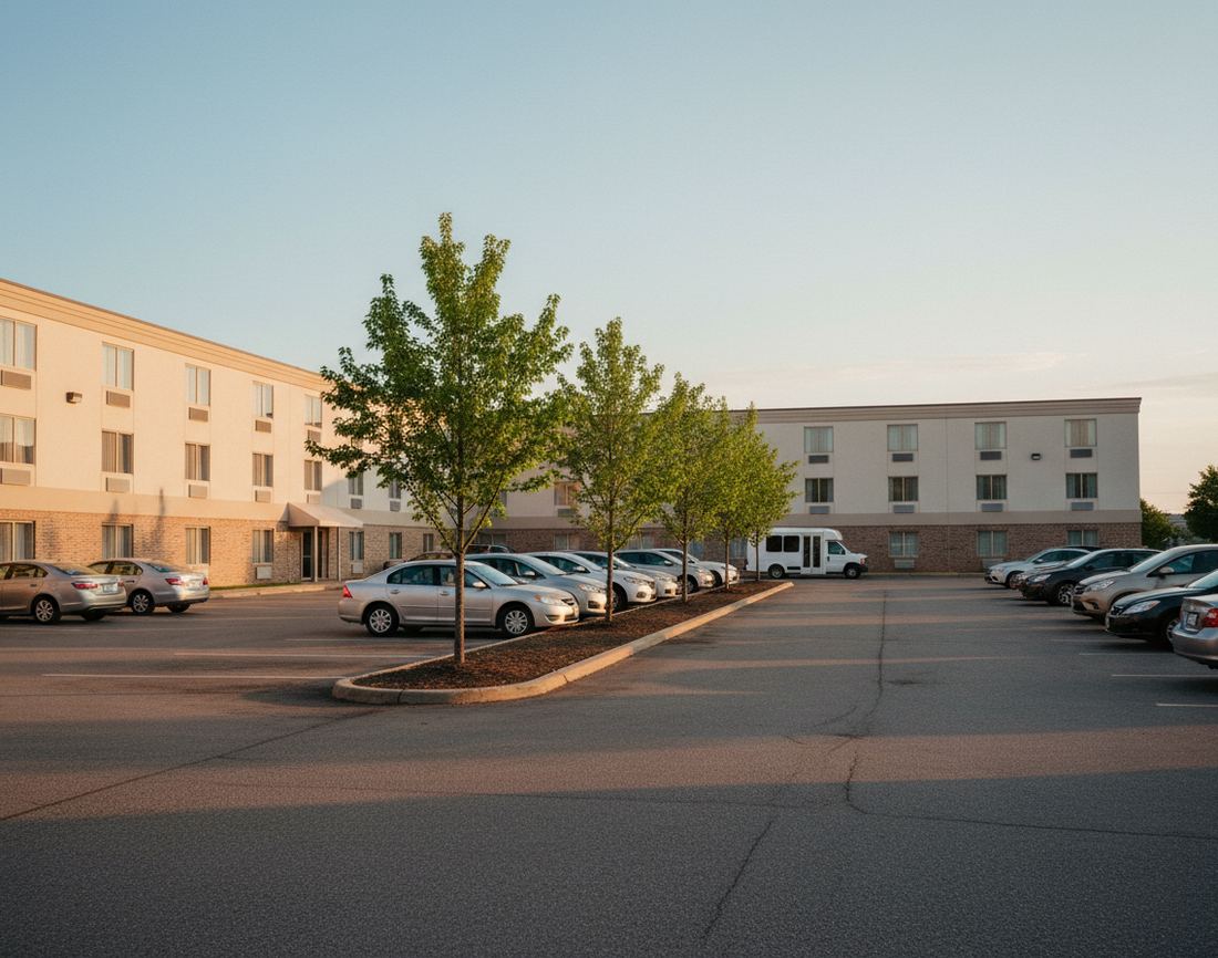 The parking lot of a three-story hotel on a summer evening, cars along a planted island with young trees and a white shuttle van by the building