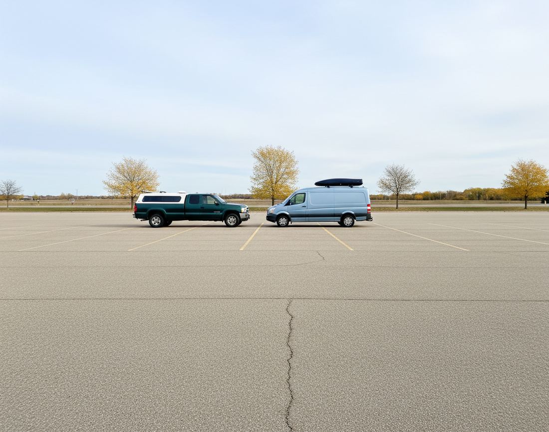 A green pickup with a camper shell and a tall light blue van with a roof box, parked with room to spare in a wide open lot in autumn